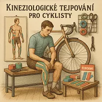 Ilustrační obrázek kineziologického tejpování pro cyklisty — cyklista s tejpy na koleni a stehně v prostředí cykloservisu s nářadím a páskami, vhodné pro článek o tejpování při cyklistice.