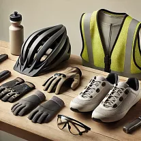 Cyklistické vybavení pro bezpečnou jízdu – helma, rukavice, reflexní vesta, cyklistické boty a ochranné brýle, vše připravené na stole.